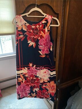 Alyx Navy Midi Dress with Pink & Red Floral Print